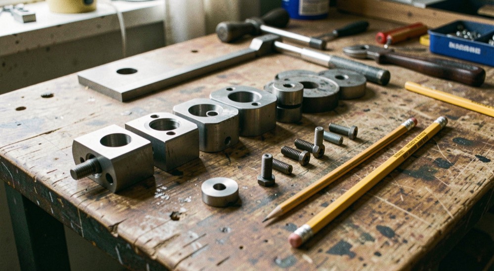 A row of machined parts, fasteners, and a drafting pencil rests on a worn workbench in natural side light.