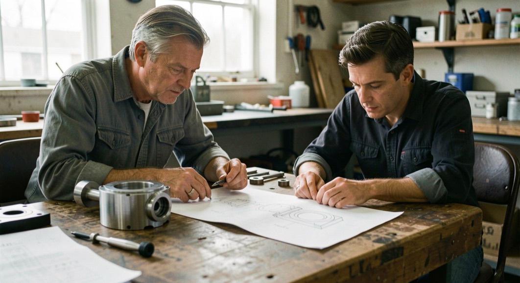 Two engineers examine a machined component and a folded drawing across a shared workbench in soft side light.