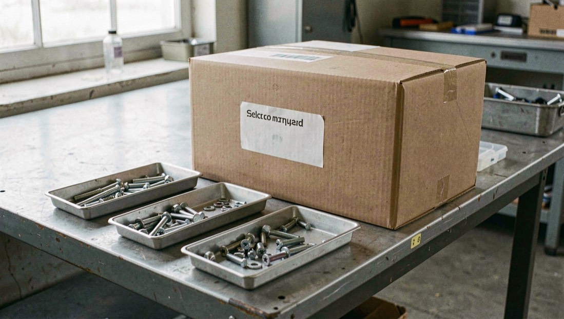 Small trays of fasteners and approved metal parts sit beside a plain shipping box on an orderly industrial bench.