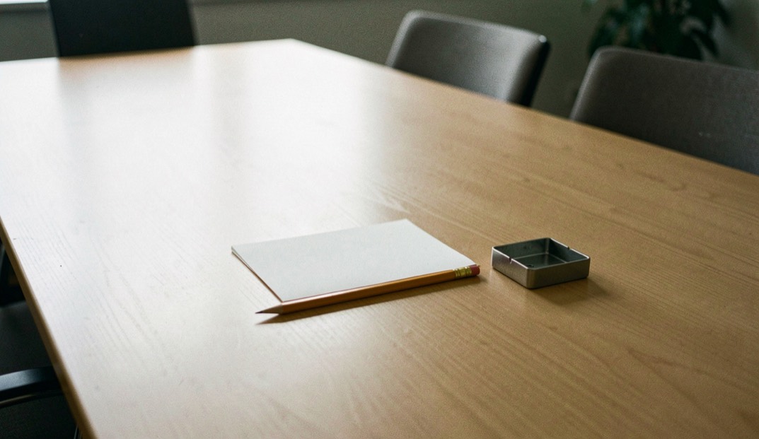An empty meeting table holds a blank card, pencil, and small metal component in soft daylight.
