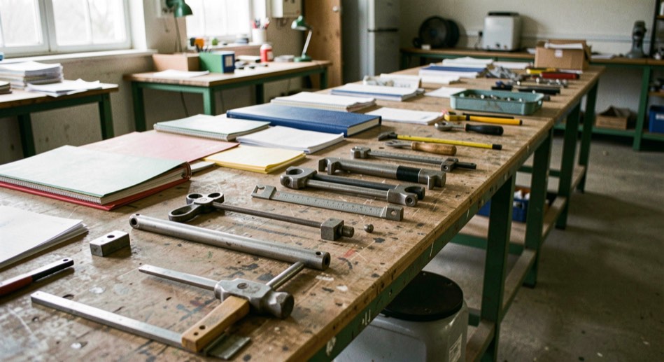 A connected line of metal parts, folders, and measuring tools runs across a long workshop table in daylight.