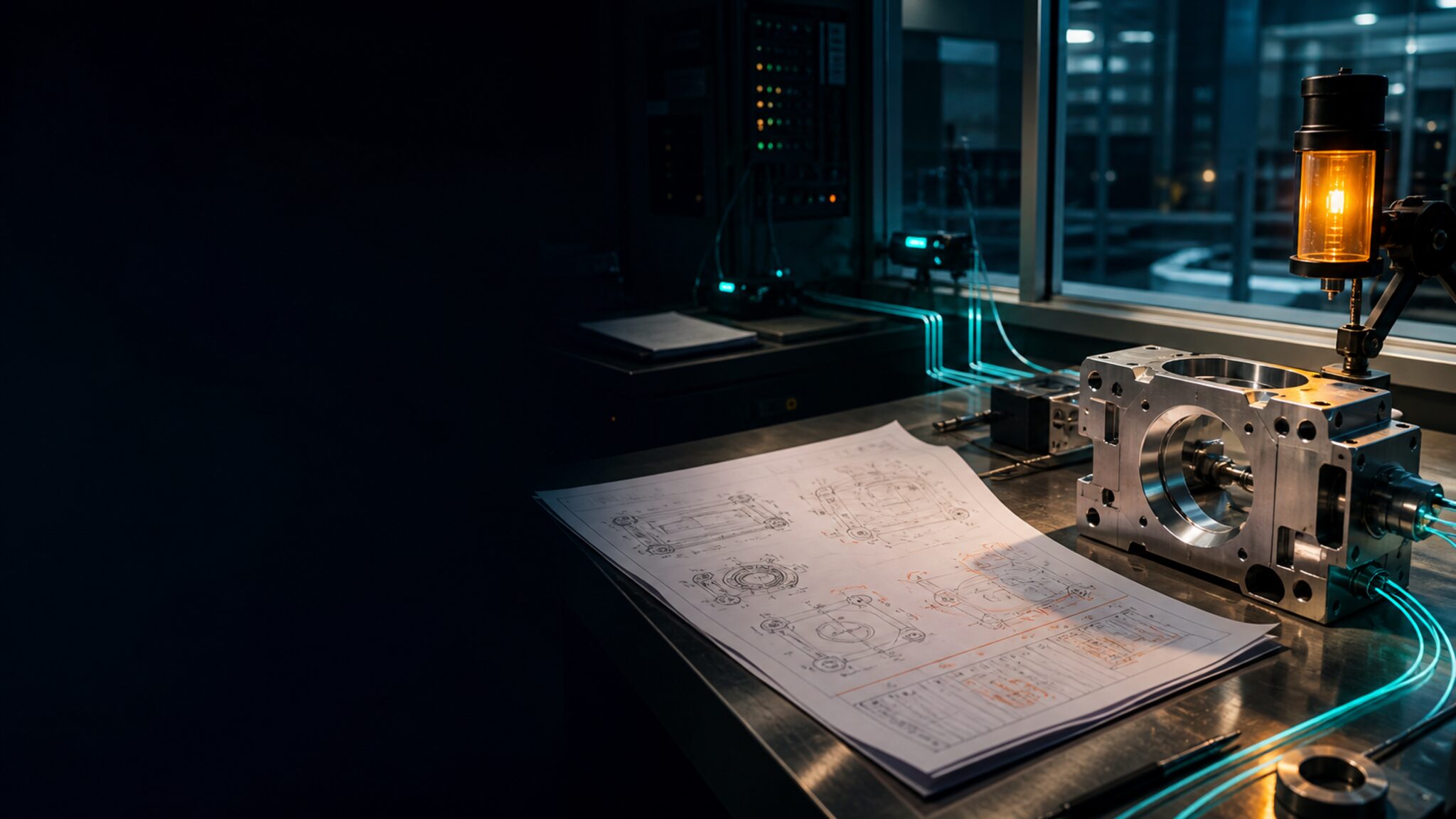 Engineering worktable with an assembly drawing, machined component, and connected control-room lighting
